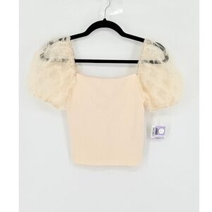 Lush Romantic Tulle Crop Top Ribbed Knit Square Neck Ethereal Puff Sleeve Small